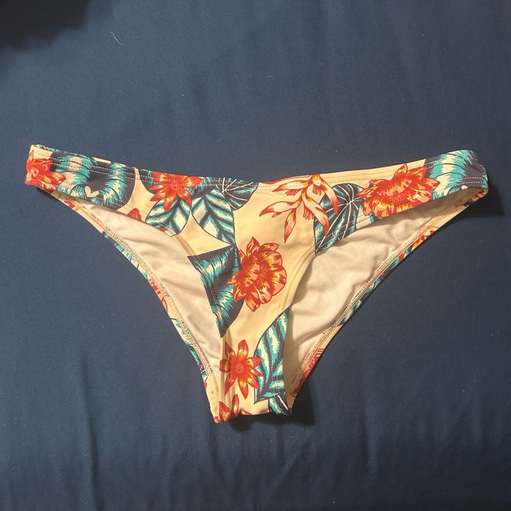 Cream Floral Bikini Bottom with Orange Flowers and Teal Leaves